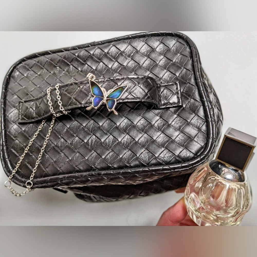 Vtg 02 Nwot Stephen Jones Shiseido bag Woven leather black train case Limited Ed